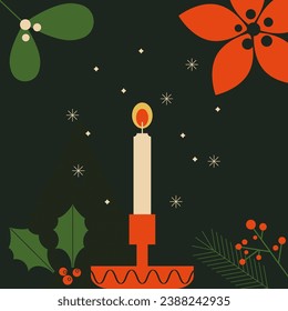 Christmas greeting card with vintage candle and winter flowers. Advent season. House interior decor, light. Traditional Christmas elements. Vector illustration. Flat trendy abstract style.