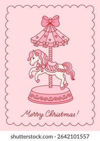 Christmas greeting card with vintage carousel horse, bows, hearts, frame. Coquette retro aesthetic. Template with whimsical trendy animal. Vector illustration for invitation, poster, cover