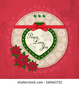 Christmas greeting  card. Vintage holiday background with ornate snowflakes, poinsettia and scrapbook elements. Modern handmade / paper craft design. Vector illustration.