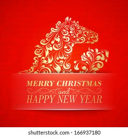 Christmas Greeting Card. Vintage card with horse. Vector illustration.