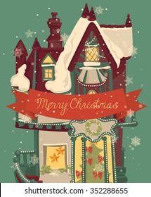 Christmas greeting card with vintage house. Winter town. Snowfall vector illustration