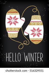 Christmas greeting card, vintage knitted mittens background. Gold glitter texture. White mittens with gold and red scandinavian pattern. Hello winter.