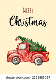 Christmas greeting card with vintage red truck delivers a Christmas tree, spreading holiday cheer in a snowy winter scene