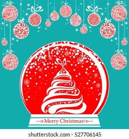 Christmas Greeting Card. Vintage card with Christmas Snow globe. vector illustration