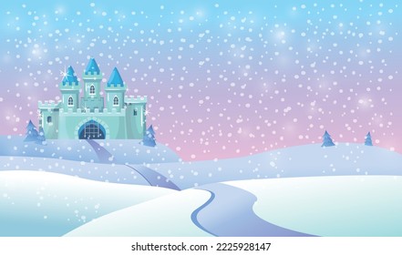 Christmas greeting card in vintage style with ice princess castle