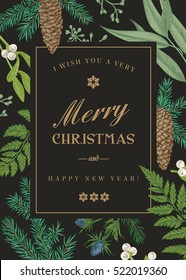 Christmas greeting card in vintage style. Vector frame with ferns, berries, mistletoe, pine cones and spruce branches, seeds of eucalyptus.Engraving. Winter background. Botanical illustration.