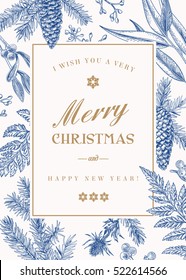 Christmas greeting card in vintage style. Vector frame with ferns, berries, mistletoe, pine cones and spruce branches, seeds of eucalyptus. Blue.