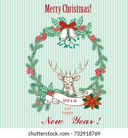 Christmas greeting card in vintage style. Deer, Christmas tree branches and winter decorative elements, holly, ribbon.