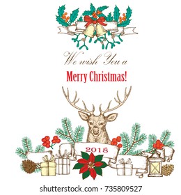 Christmas greeting card in vintage style. Deer, Christmas tree branches and winter decorative elements, holly, ribbon. White background.