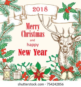 Christmas greeting card in vintage style. Deer, Christmas tree branches and winter decorative elements, holly, ribbon. Light background.
