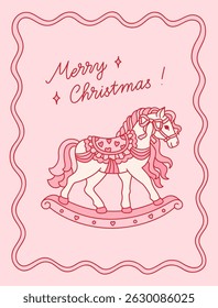 Christmas greeting card with vintage toy, rocking horse stylized in Coquette aesthetic. Template with whimsical trendy animal with bow ribbon and frame. Illustration for invitation, poster, cover
