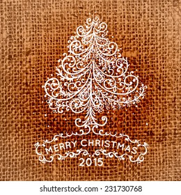Christmas Greeting Card. Vintage card with Christmas tree on the Burlap texture, vector
