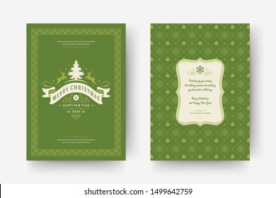 Christmas greeting card vintage typographic design, ornate decorations symbols with tree, winter holidays wish, ornaments and frame. Vector illustration.