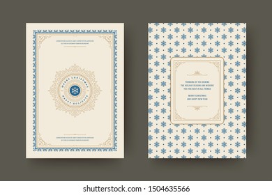 Christmas greeting card vintage typographic design, ornate decorations with symbols, winter holidays wish, ornaments and frame. Vector illustration.