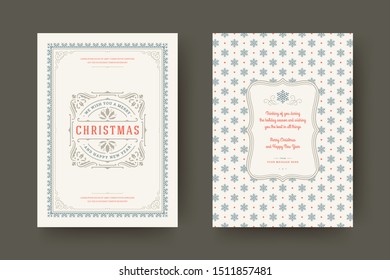 Christmas greeting card vintage typographic design, ornate decorations with symbols, winter holidays wish, ornaments and frame. Vector illustration.