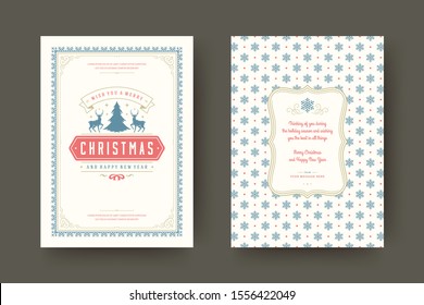 Christmas greeting card vintage typographic design, ornate decorations symbols with tree, winter holidays wish, ornaments and frame. Vector illustration.