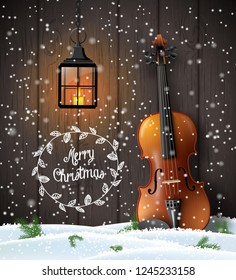 Christmas greeting card with with violin and lantern on brown wooden background, vector illustration, eps 10 with transparency