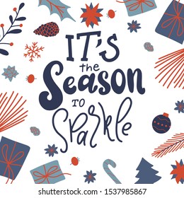 Christmas greeting card with warm winter wishes text. Funny saying with hand drawn typography quote. Vector illustration with branches and berry