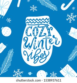 Christmas greeting card with warm winter wishes text. Funny saying with hand drawn typography quote. Vector illustration with branches and berry.