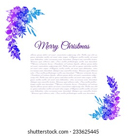 Christmas Greeting Card- watercolor blue and purple leaves frame  with white snowflakes on white background. Vector illustration