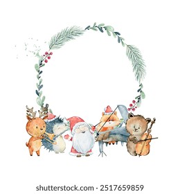 Christmas greeting card. Watercolor vector winter wreath with animals playing musical instruments.