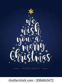 Christmas greeting card. We wish you a Merry Christmas and happy New Year. Christmas Tree with Quote and golden snowflakes on dark blue board. Vector illustration.