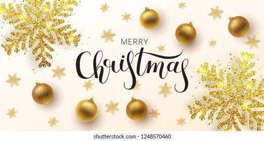 Christmas greeting card,  web banner, vector background.  Hand drawn lettering. Gold and silver Christmas ball, with an ornament and spangles. Metallic gold Christmas snowflake. Vector illustration