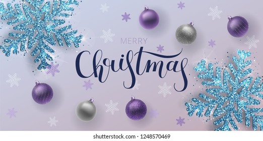 Christmas greeting card,  web banner, vector background.Gold and silver Christmas ball, with an ornament and spangles. Metallic gold and silver Christmas snowflake. Hand drawn lettering. Vector 