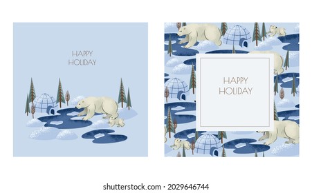 Christmas greeting card with white arctic bears