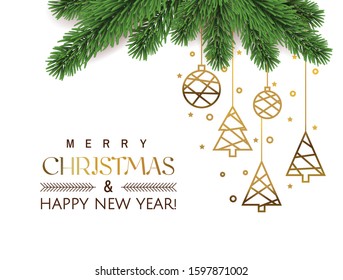 Christmas greeting card. White backgriund with Golden Christmas toys  line art hanging  with fir tree branches. Vector illustration