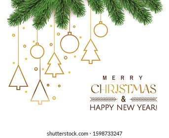 Christmas greeting card. White background with Golden Christmas toys  line art hanging  with fir tree branches. Vector illustration