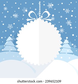 Christmas greeting card with white christmas bauble and snowflake background. Merry Christmas and Hapy New Year 