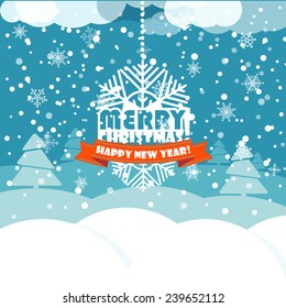 Christmas greeting card with white christmas bauble and snowflake background. Merry Christmas and Hapy New Year 