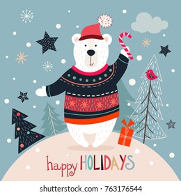 Christmas greeting card with white bear on a winter background