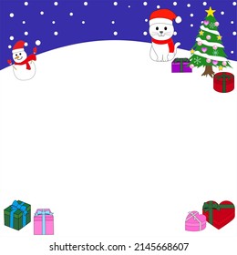 Christmas greeting card with white cats, present boxes, a snowman, and a tree under snow.