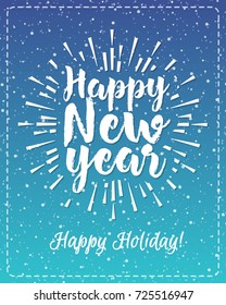 Christmas greeting card with white emblem consisting sign Happy New Year and sunburst isolated on snow holiday background blue gradient style. Vector Illustration