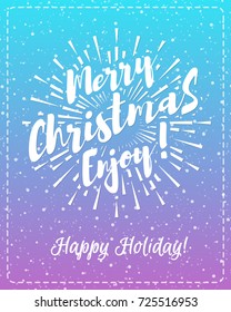 Christmas greeting card with white emblem consisting sign Merry Christmas enjoy isolated on snow holiday background blue pink gradient style. Vector Illustration