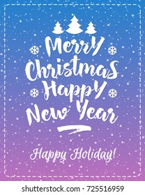 Christmas greeting card with white emblem consisting sign Merry Christmas and Happy New Year isolated on snow holiday background blue lilac gradient style. Vector Illustration