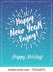 Christmas greeting card with white emblem consisting sign Happy New Year and sunburst isolated on snow holiday background blue cyan gradient style. Vector Illustration