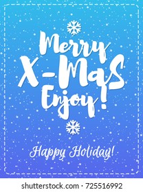 Christmas greeting card with white emblem consisting sign Merry X mas enjoy and snowflakes isolated on snow holiday background blue pink gradient style. Vector Illustration