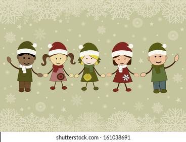Christmas greeting card white kids in Christmas costumes