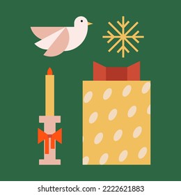 Christmas greeting card with white pigeon, snowflake, gift box and candle. Vector flat holiday illustration.