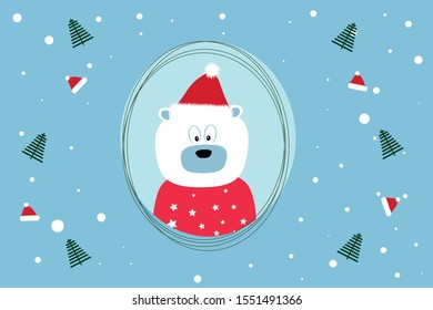 Christmas greeting card with white polar bear and fur trees on blue