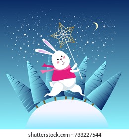 Christmas greeting card with white rabbit wishing merry christmas.Christmas greeting card with bunny, fir trees and snowflakes. Vector illustration.