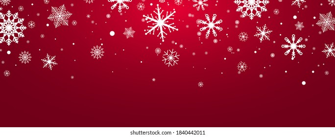 Christmas greeting card with white snowflakes. Luxury red long banner with silver snowflakes and dust. Holiday background. Party decoration. New Year bright design elements. Vector illustration.