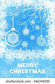 Christmas greeting card with white snowflakes and Christmas balls. White snowflakes, snowy branch and Christmas balls on blue background. Vector template.