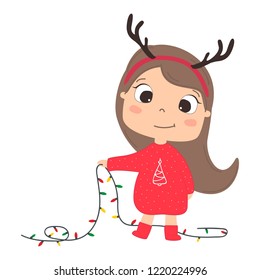 Christmas greeting card. Winter cute girl. Vector illustration.