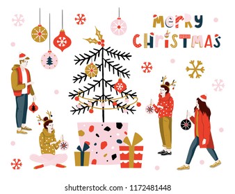Christmas Greeting Card with winter elements. Merry holidays. Template for New 2019 Year Cards, Scrapbooking, Stickers, Planner, Invitations.