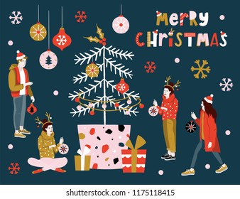 Christmas Greeting Card with winter elements. Merry holidays. Template for New 2019 Year Cards, Scrapbooking, Stickers, Planner, Invitations.