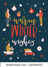 Christmas Greeting Card with winter elements. Merry holidays. Template for New 2019 Year Cards, Scrapbooking, Stickers, Planner, Invitations.